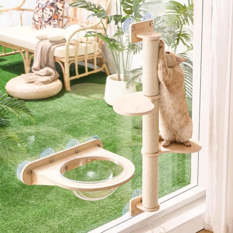 Cat Window Perch - منصة نافذة للقطط بإطار خشبي للاستخدام